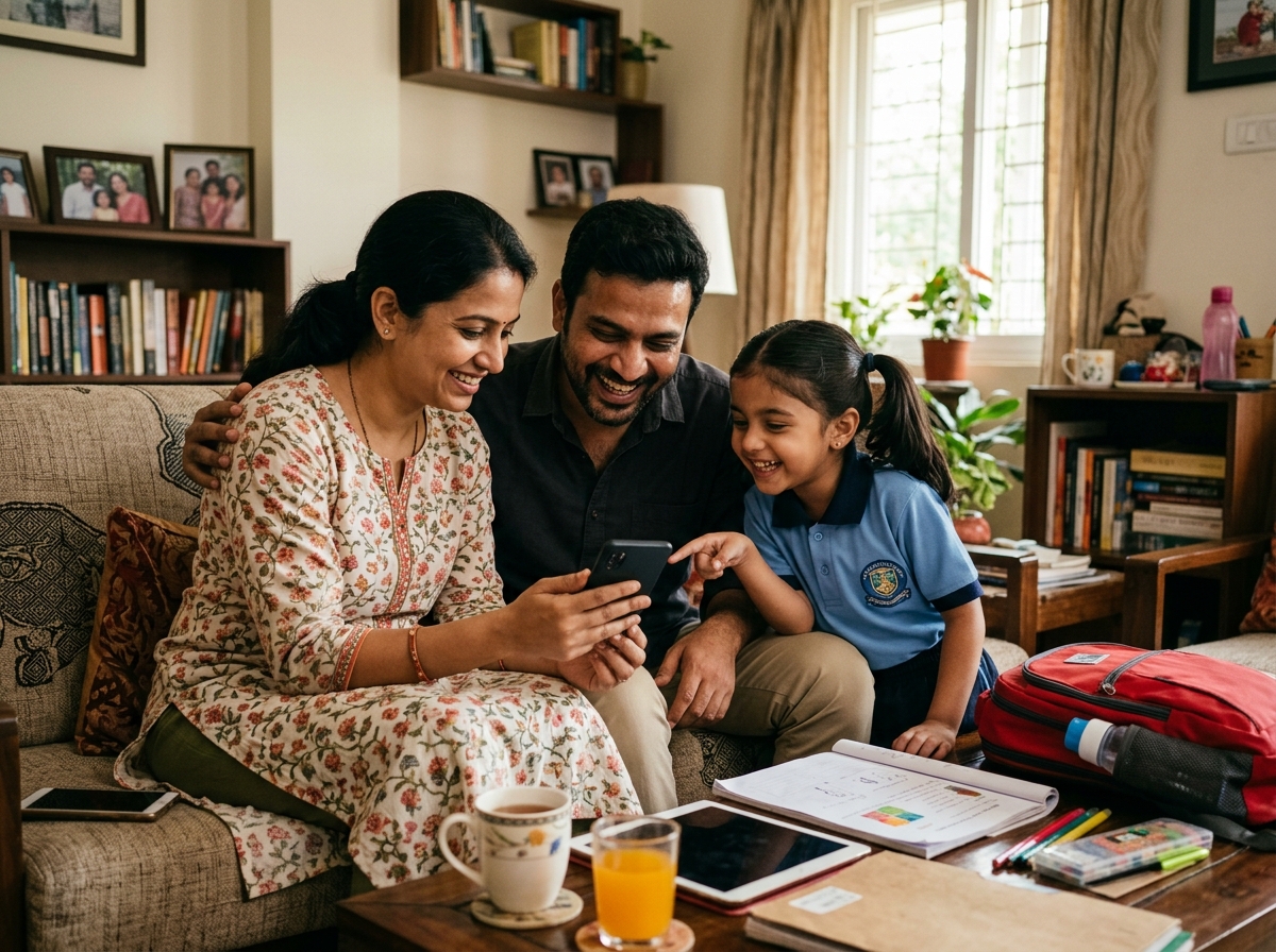 Indian Parents using School Management Mobile App with Daughter at Home - Jaiton Technologies